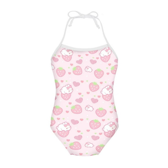FOR U DESIGNS Strawberry Rabbit Teen Girls Swimsuits One Piece Halter Neck Bathing Suit Adorable Off Shoulder Lace-up Swimwear Size 9-10, Pink