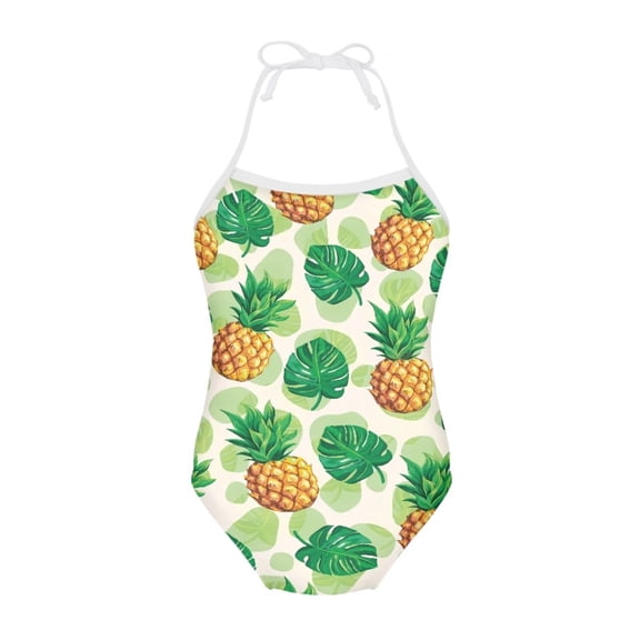 FOR U DESIGNS Summer Kids Teens Halter Swimwear Palm Leaves Pineapple Off Shoulder Swimsuit Lightweight One Piece Hawaiian Bathing Suit for Girls 3-4