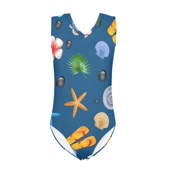 FOR U DESIGNS Summer Style One-Piece Swimsuit for Girls Starfish Shell Sleeveless V-Neck Bathing Suit Breathable Blue Beach Pool Outfits Size 11-12