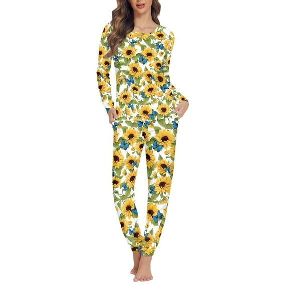 FOR U DESIGNS Sunflower Butterfly Long Sleeve Pajama Set for Women Pants with Pockets 2 Pack Size 2XL Sleepwear Loungewear Pjs Sets Nightwear Crewneck Tops for Women