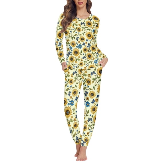 FOR U DESIGNS Sunflower Butterfly Pajamas for Women Set Nightwear Long Pants Set of 2 Size 4XL Sleepwear Crew Neck Tops set for Women Long Sleeve Jogger Loungewear
