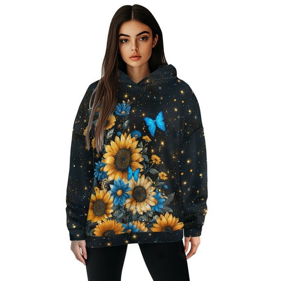 FOR U DESIGNS Sunflower Butterfly Womens Oversized Sweatshirts Hoodies Long Sleeve Sweaters Pullover Size 2XL Activewear Tops for Women Loose Fit Comfortable