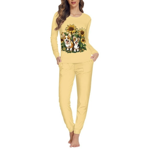 FOR U DESIGNS Sunflower Corgi Women 2 Piece Pajamas Sets Long Pants and Crew Neck Tops Size XS Nightwear Sets Long Sleeve Sleepwear Soft for Women Pajama Suits
