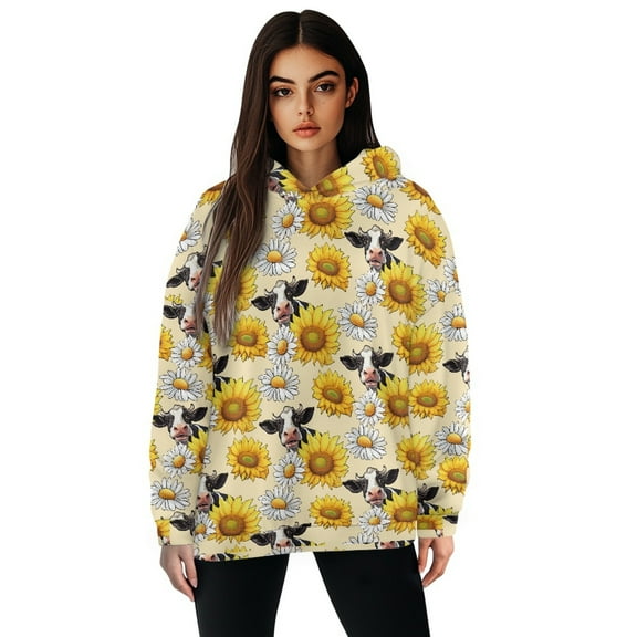 FOR U DESIGNS Sunflower Cow Women's Casual Hoodies Long Sleeve Sweatshirts Crew Neck Hooded Pullover Tops Size M Oversized Sweatshirt for Women Loose Fit Tops