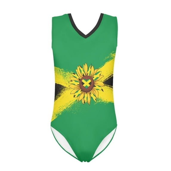 FOR U DESIGNS Sunflower Girls Swimsuit Size 11-12T Jamaican Flag One Piece Gymnastics Leotards Dancing Athletic Outfits Fashion Sleeveless Bodysuit