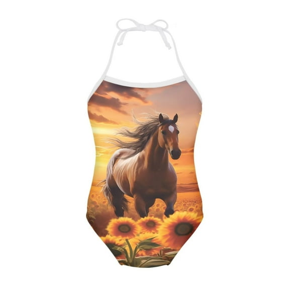 FOR U DESIGNS Sunflowers Horse Girl Bathing Suit Size 7-8 Years Sunset One Piece Swimwear for Swimming Surfing Soft Sleeveless Swimsuit Outfits