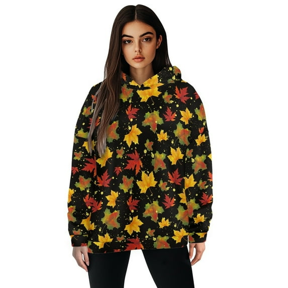 FOR U DESIGNS Thanksgiving Hooded Oversized Hoodies Pullover Maple Leaf Sweatshirts for Women Size XL Lightweight Sweatshirt with Hood for Women Activewear Long Sleeve Tops