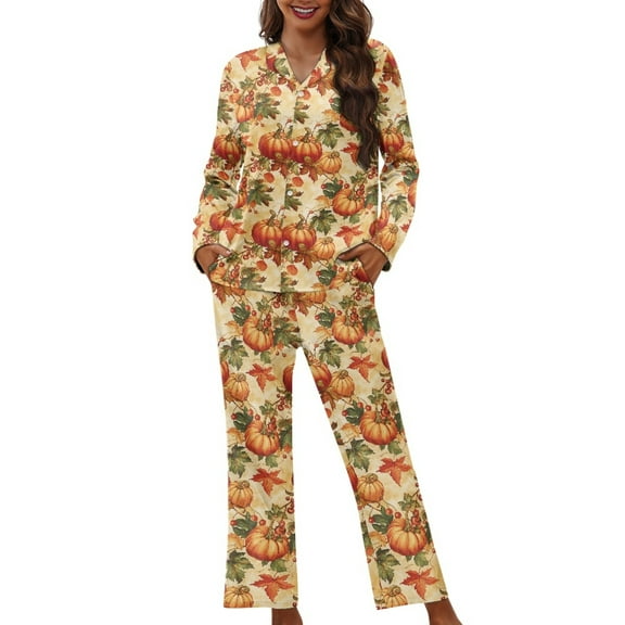 FOR U DESIGNS Thanksgiving Maple Leaf Pajama Sets for Women 2 Piece Button Down Long Sleeve Pants with Pockets Size L Sleepwear Long V-neck Tops for Women Winter