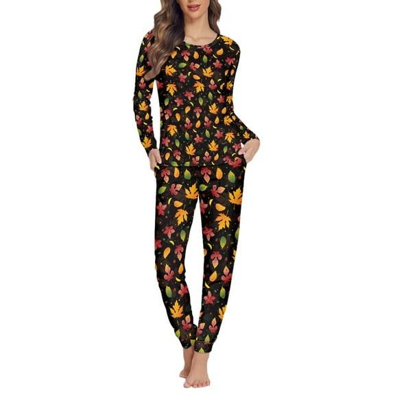 FOR U DESIGNS Thanksgiving Maple Leaf Women Pajamas Set Long Sleeve Nightwear 2 Piece Size XS Sleepwear Long Pants and Crew Neck Tops for Women Loungewear Pjs Fall