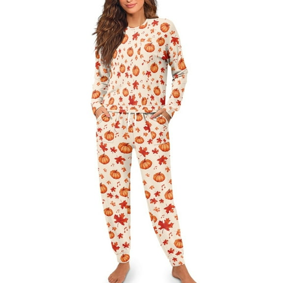 FOR U DESIGNS Thanksgiving Maple Pumpkin Drawstring Pajama Sets for Women 2 Piece Long Sleeve Tops and Pants Size 2XL Pjs Comfortable with Pockets Nightwear for Women