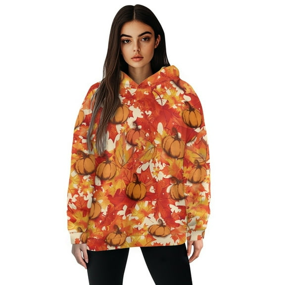 FOR U DESIGNS Thanksgiving Maple Pumpkin Hoodie Sweater Long Sleeve Loose Pullover Sweatshirt for Women Trendy Graphic Hoodies Size L Ladies Activewear Tops