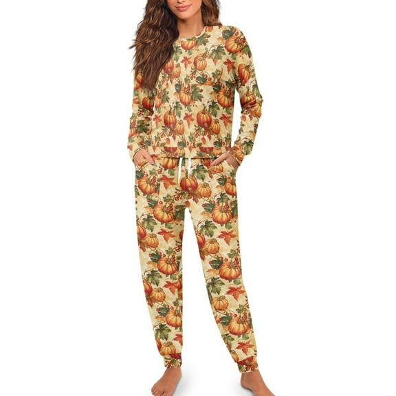 FOR U DESIGNS Thanksgiving Maple Pumpkin Women Drawstring Pajama Pants 2 Piece Size XL Pjs Lightweight Lounge Set with Pockets Sleepwear Long Sleeve Tops for Women