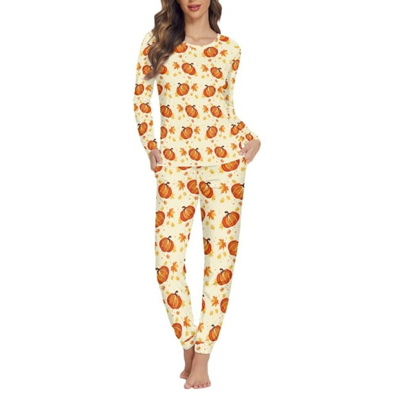 FOR U DESIGNS Thanksgiving Maple Pumpkin Womens Pajamas Set Long Sleeve Top Nightwear Pajamas with Pockets for Women 2 Piece Size 4XL Sleepwear Crew Neck Tops for Women