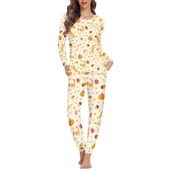 FOR U DESIGNS Thanksgiving Pumpkin Cat Pajamas for Women Set Long Sleeve Set of 2 Size 3XL Pjs Lightweight Pants Women Fall Night Tops for Women Sleepwear