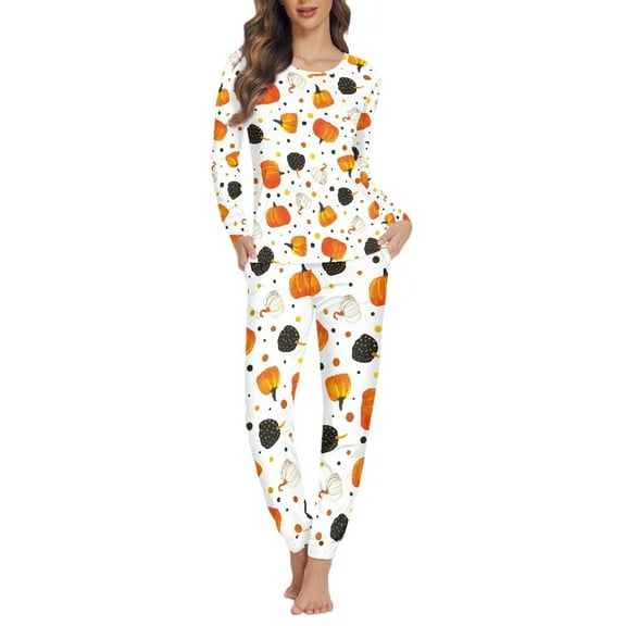 FOR U DESIGNS Thanksgiving Pumpkin Pajama Sets for Women 2 Piece Long Sleeve Sleepwear Soft Loungewear Size 2XL Nightwear for Women Jogger Long Pants and Crew Neck Tops