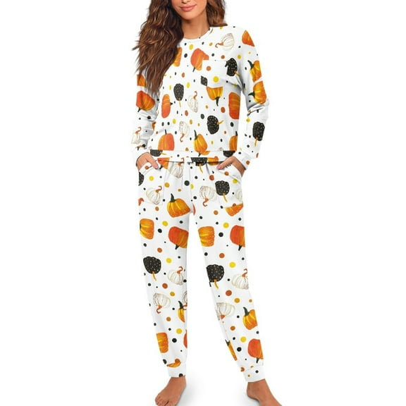 FOR U DESIGNS Thanksgiving Pumpkin Pajamas Sets for Women 2 Piece Long Sleeve Crew Neck Tops and Pants with Drawstring Size XL Sleepwear Soft Jogger Loungewear Fall