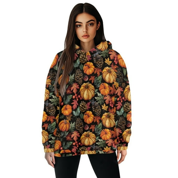 FOR U DESIGNS Thanksgiving Womens Hoodie Long Sleeve Loose Pullover Sweatshirt Size XL Pumpkin Oversized Sweatshirts for Women Loose Fit Trendy Graphic Hoodies Fall