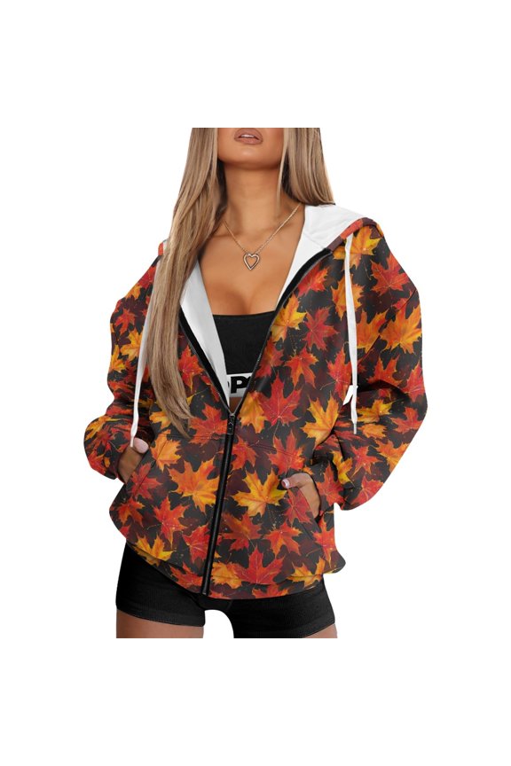 FOR U DESIGNS Thanksgiving Zip Up Hooded Jacket Women Oversized Cardigan Maple Leaf Hoodies Size M Hooded Sweatshirt Women with Front Zipper Lightweight Long Sleeve Activewear