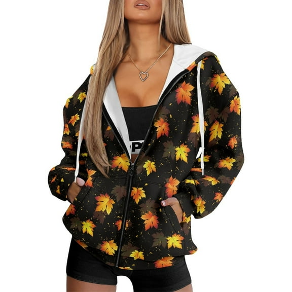 FOR U DESIGNS Thanksgiving Zip Up Hoodies for Women Oversized Long Sleeve Maple Leaf Hoodie Size M Hooded Sweatshirt Women with Front Zipper Lightweight Activewear with Pockets