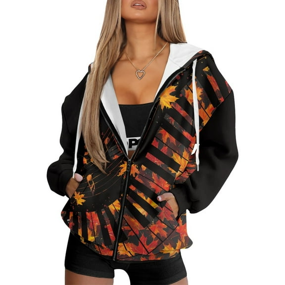FOR U DESIGNS Thanksgiving Zip Up Hoodies for Women Oversized Sweatshirts Loose Fit Maple Leaf Hoodie Size S Hooded Long Sleeve Cardigans for Women Comfortable Activewear