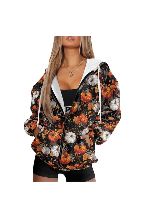 FOR U DESIGNS Thanksgiving Zipper Hoodies for Women Oversized Hoodie Size XL Pumpkin Activewear Tops for Women Long Sleeve Down-Shoulder Collar Hooded Sportswear Fall