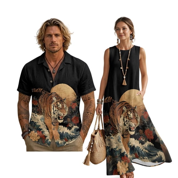 FOR U DESIGNS Tiger Flower Wave Moon Print Couple Outfits Linen-Like Button Down Shirt or Sleeveless Dress with Pockets for Parties Wedding Date