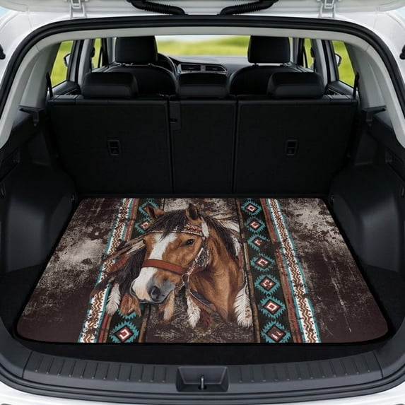 FOR U DESIGNS Tribal Geometric Aztec Horse Print Car Trunk Mat 29" x 39" Cargo Liner Non-Slip All Weather Durable Rear Protection for SUV Sedan Truck