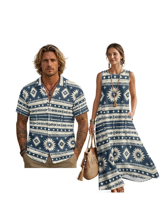FOR U DESIGNS Tribal Geometric Aztec Print Couple Matching Outfit Set Couple Outfits Linen-Style Mens Button Down Shirt Sleeveless Women Long Dress