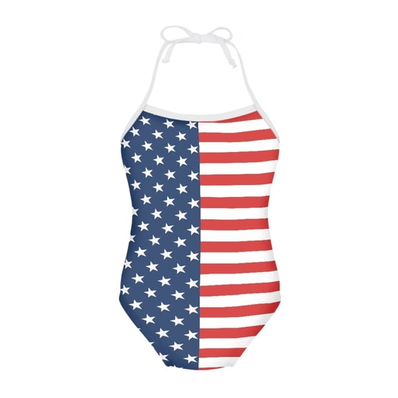 FOR U DESIGNS UAS Flag Girls One-Piece Swimsuit for Beach Wear Summer Kids Gymnastics Swimwear Breathable Girls Halter Neck Bathing Suit Size 7-8