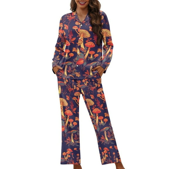 FOR U DESIGNS Vintage Mushroom Womens Button Down Pajama Sets Long Sleeve Button Up Pajamas for Women 2 Pack Size 3XL Jogger Loungewear Pants and Tops Sleepwear Pjs