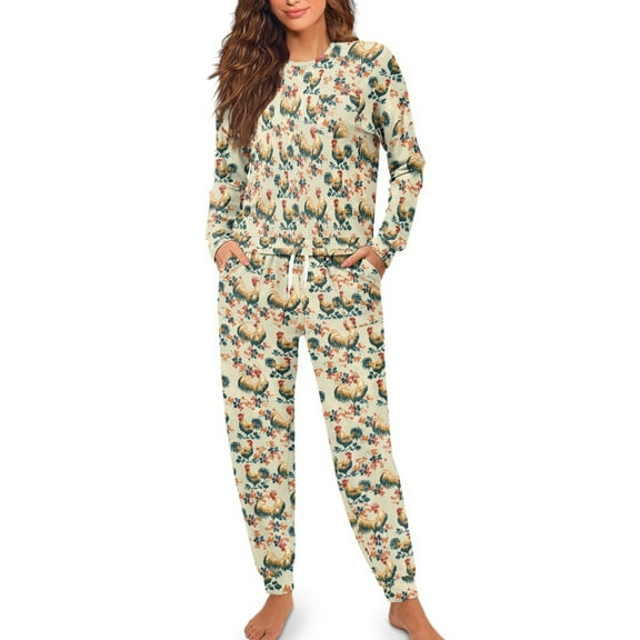 FOR U DESIGNS Vintage Rooster Drawstring Pajama Set Long Crew Neck Tops 2 Pack Size XL Night Suits Women Sleepwear Soft Long Sleeve Lounge Sets for Women Winter