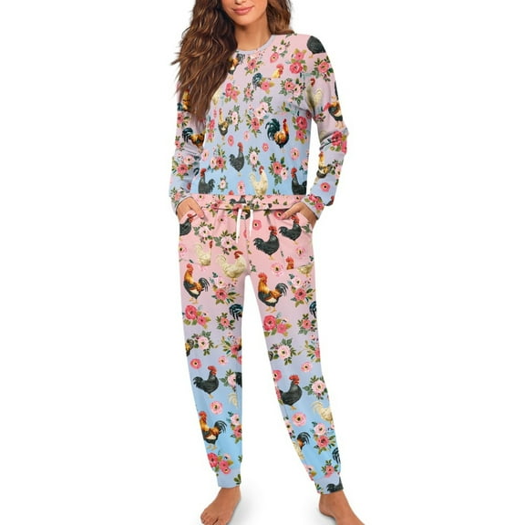 FOR U DESIGNS Vintage Rooster Pajama Sets for Women 2 Piece Long Pants with Drawstring Size M Pjs Lightweight Lounge Set with Pockets for Women Nightwear Jogeer