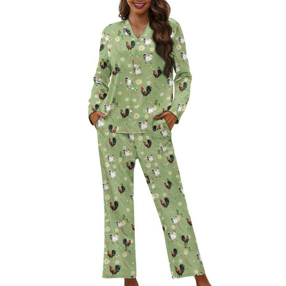 FOR U DESIGNS Vintage Rooster Womens Pajama Sets Long Sleeve Sleepwear Button Down Shirt 2 Piece Size 3XL Nightwear Soft PJ Lounge Set Womens Button Front Jogger