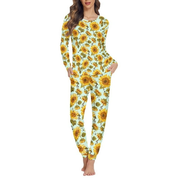 FOR U DESIGNS Vintage Sunflower Long Sleeve Pajama Set for Women with Pockets 2 Pack Size S Nightwear Pants for Women Ladies Sleepwear Night Loungewear