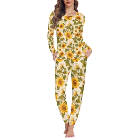 FOR U DESIGNS Vintage Sunflower Long Sleeve Pajama Set for Women with Pockets 2 Pack Size XS Sleepwear Sets Long Pants and Crew Neck Tops for Women Pjs Nightwear