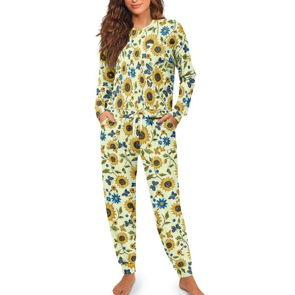 FOR U DESIGNS Vintage Sunflower Womens Lounge Sets 2 Piece Outfits Long Sleeve Crew Neck Tops and Pants with Pockets Size L Nightwear for Women Sleepwear Fall