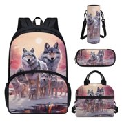 FOR U DESIGNS Wolf Backpack with Lunch Box for School Boys 10-12 Middle School Book Bag with Lunch Bag Pen Case Water Bottle Bag 4 in 1 Bookbag Set Large Capacity School Bag for Kids 3rd Grade