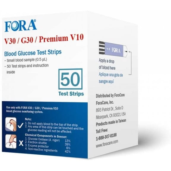 FORA V30/G30/ Premium V10 Blood Glucose Test Strips, For Use with ForaCare V30, G30 and Premium V10 Meters, 50 Count