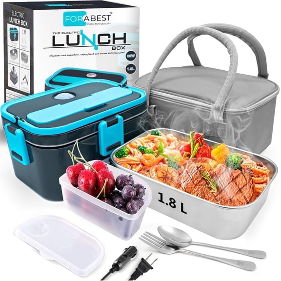 FORABEST Electric Lunch Box Fast Food Heater 3-In-1 Portable 1.8L Food Warmer for Car/Truck/Home/Office, Leak proof, Stainless Steel Container and Utensils