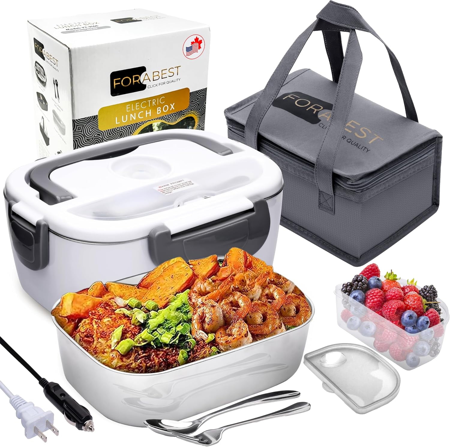 FORABEST Electric Lunch Box Portable Food Warmer, Home/Car/Truck, Bag, Stainless Steel container