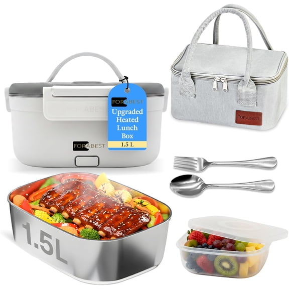 FORABEST Heated Lunch Box - 80W Electric Lunch Box, Portable Food Warmer with 1.5L Stainless Steel Container, Utensils & Carry Bag, On/Off Switch, 12V/24V Car/Truck & 110/220V Home/Office, White Gray