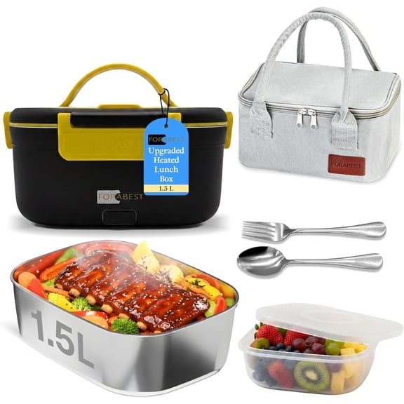 FORABEST Heated Lunch Box - 80W Electric Lunch Box - Portable Food Warmer - 1.5L Stainless Steel Container, Utensils & Carry Bag, On/Off Switch, 12V/24V Car/Truck & 110/220V Home/Office, Black Yellow
