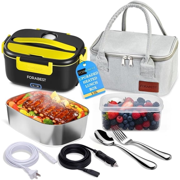 FORABEST Electric Lunch Box Food Heater Upgraded Portable Food Warmer with Power on/off Button 12V/24V,110V/220V, SS Container, Large utensils, Fast Heating for Car/Truck/Home/office and Camping.