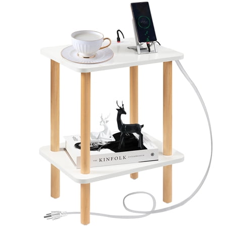 FORAOFUR Small End Table with Outlet, 2-Tier Low Side Table with Charging Station for Small Spaces - white