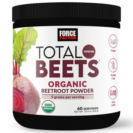 Force Factor Total Beets Organic Beet Root Powder, Beetroot Supplement for Circulation & Blood Flow, USDA-Certified Organic, Unflavored, 60 Servings