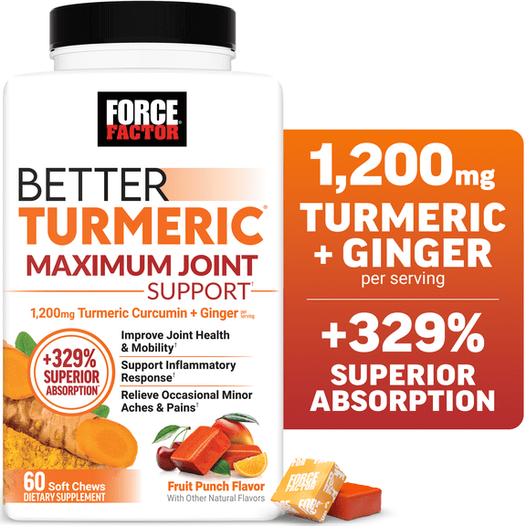 Force Factor Better Turmeric Maximum Joint Support, Turmeric Curcumin & Ginger to Support Inflammation, Mobility & Comfort, Fruit Punch, 60 Soft Chews