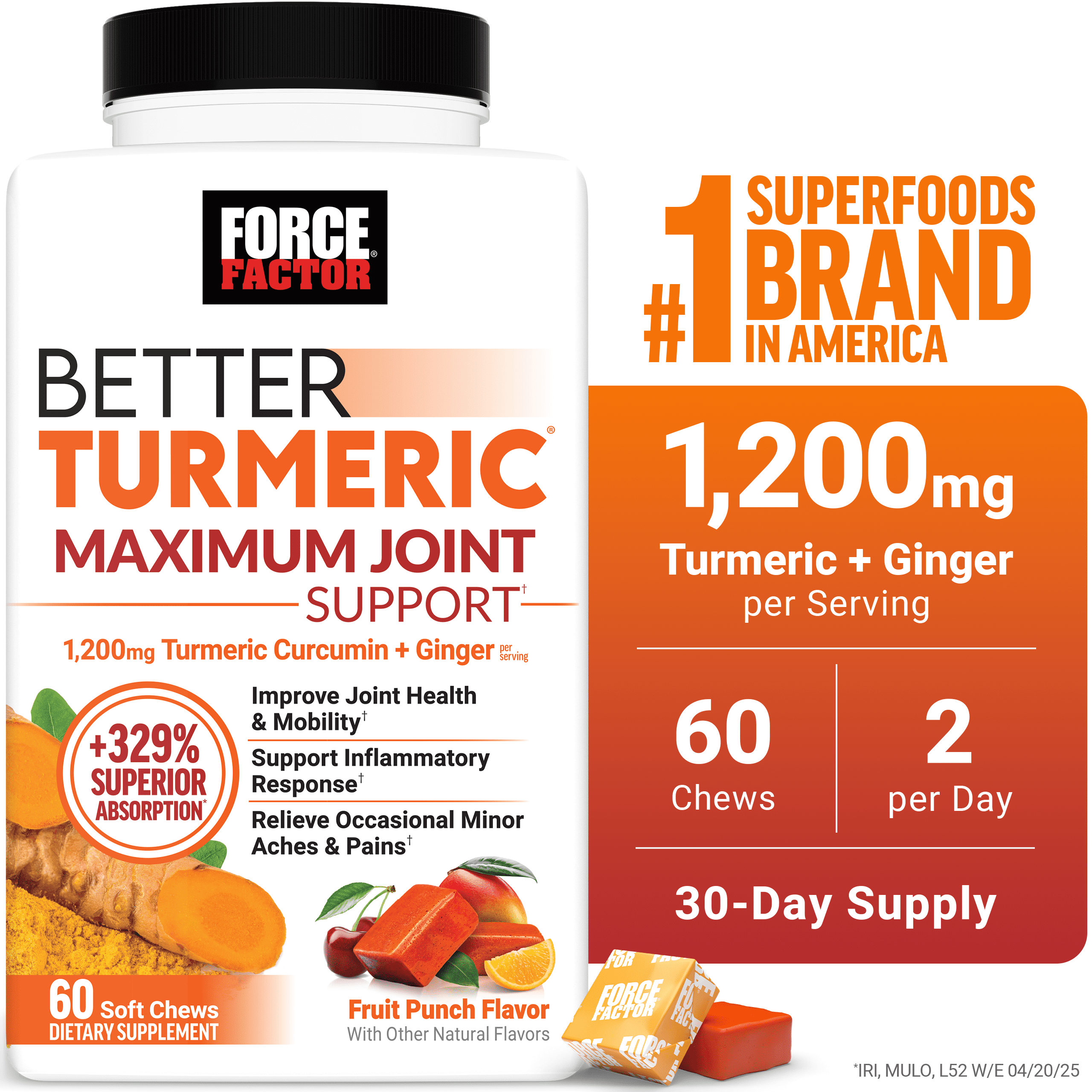 Force Factor Better Turmeric Maximum Joint Support, Turmeric Curcumin & Ginger to Support Inflammation, Mobility & Comfort, Fruit Punch, 60 Soft Chews