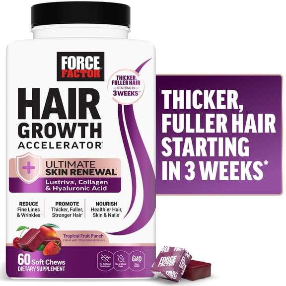 Force Factor Hair Growth Accelerator Ultimate Skin Renewal with Lustriva, Collagen & Hyaluronic Acid for Thicker, Fuller Hair & Fewer Wrinkles, Tropical Fruit Punch, 60 Soft Chews