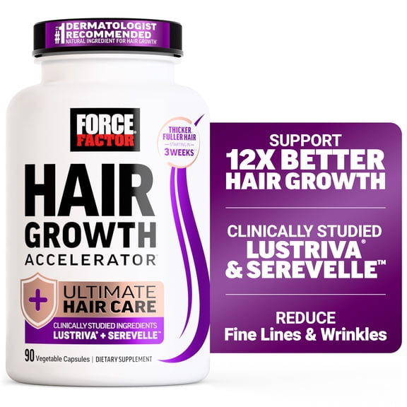 Force Factor Hair Growth Accelerator Ultimate Hair Care with Biotin, Lustriva & Serevelle for Thicker, Fuller Hairline, Healthier Skin & Nails, 90 Count