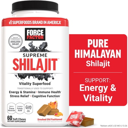 Force Factor Supreme Shilajit, Himalayan Shilajit Supplement for Energy, Stamina, Cognitive & Immune Function, Smoked Old Fashioned, 60 Soft Chews